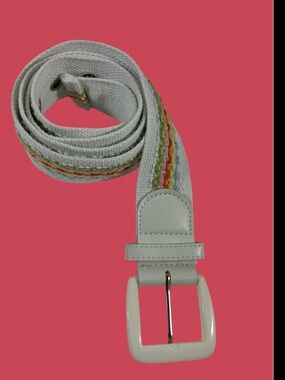Boutique Boho Embroidered Canvas Belt White Rainbow Stripes Size 13